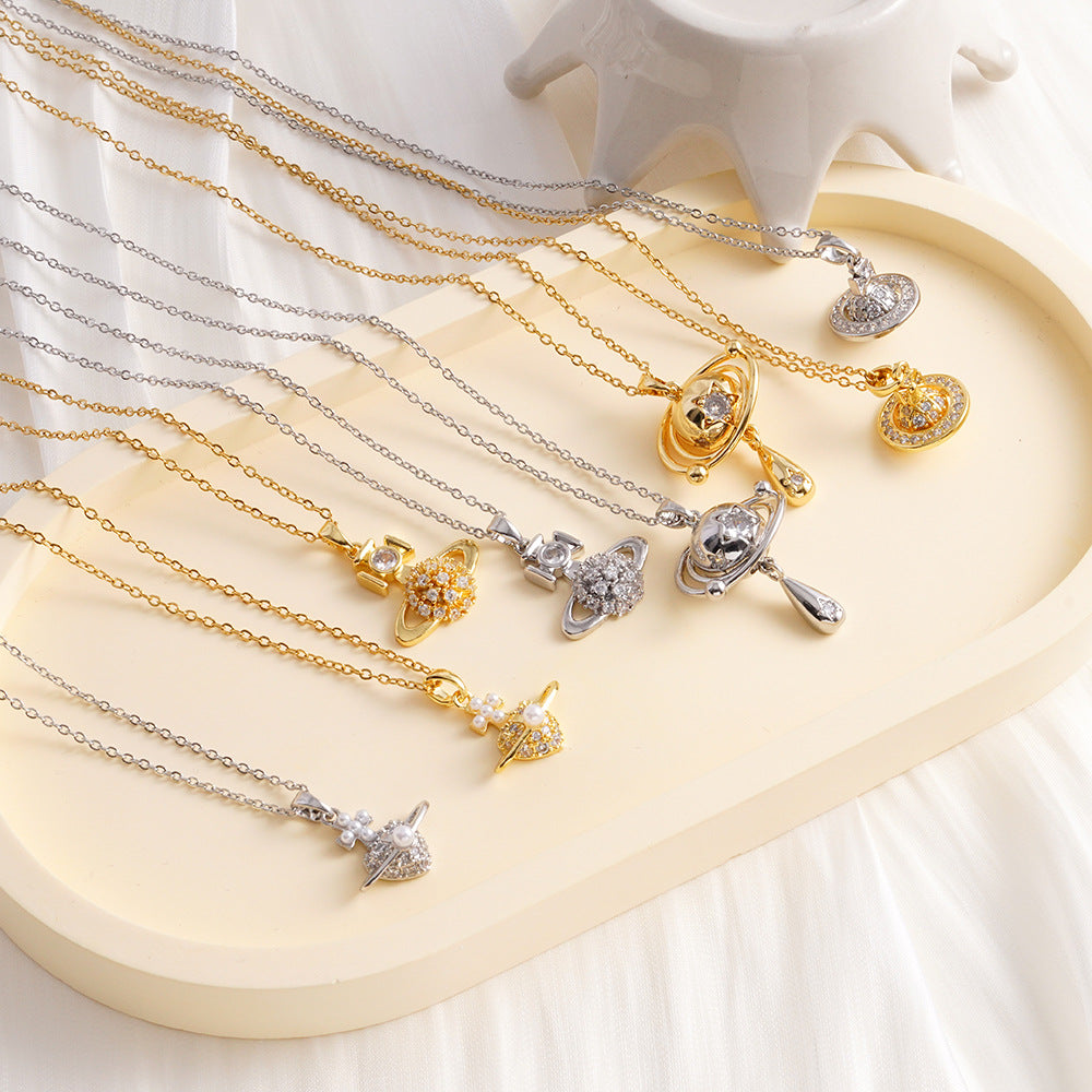 Wholesale Micro inlaid full diamond Saturn pin necklace