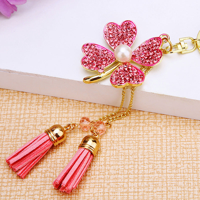 Wholesale Pink Four Leaf Clover Love Lock Keychain Rhinestone Inlaid Metal Car Key Ring Fashion Accessory Gift