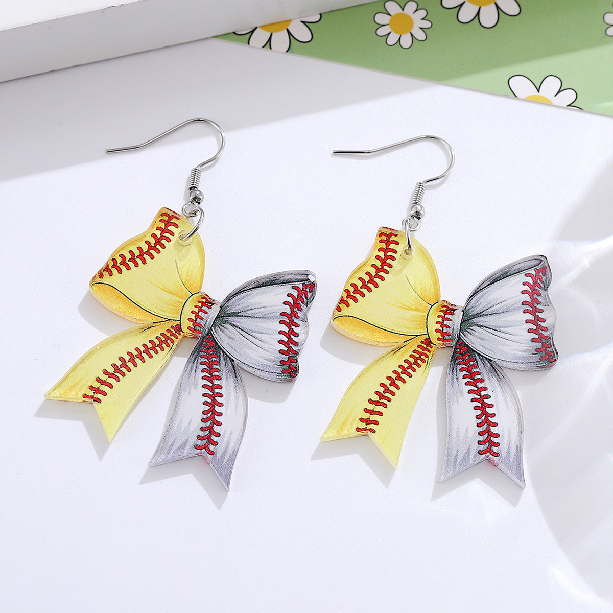 Wholesale New Sports Style Yellow and White Baseball Softball Bow Pendant Earrings Acrylic Earrings Gift