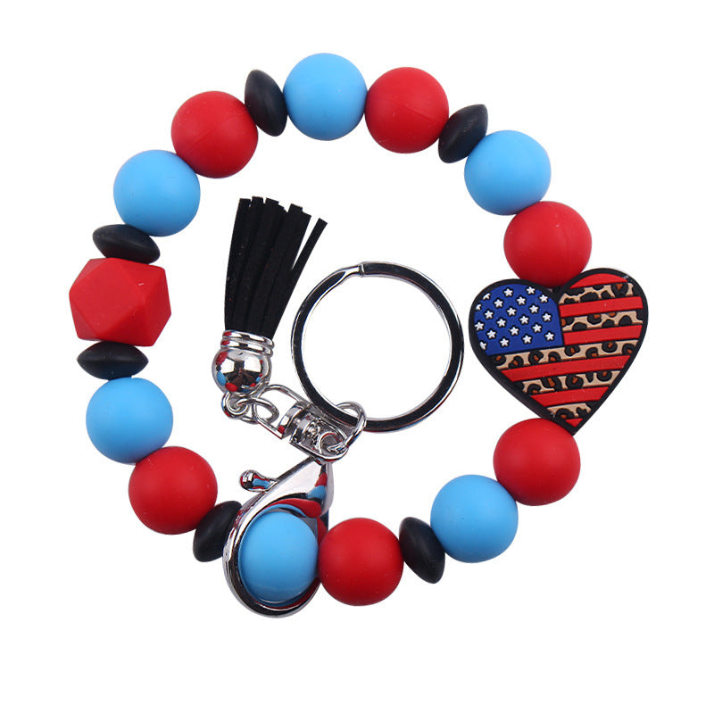 Wholesale Leather Tassel Independence Day Silicone Bead Bracelet Keychain