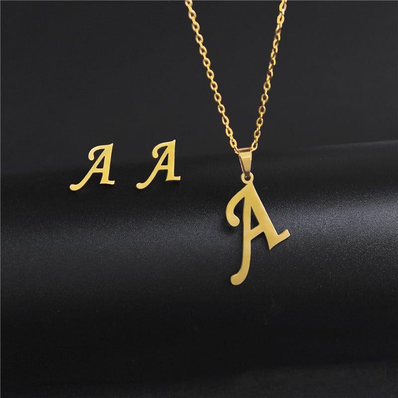 Wholesale Stainless Steel 26 Letter Necklace Earrings Two Piece Set