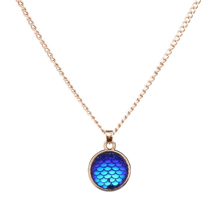 Wholesale Color Mermaid 16mm AB Fish Scale Time Gemstone Alloy Pendant Necklaces