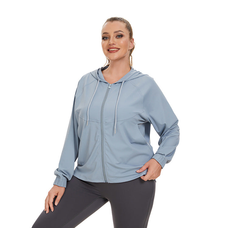 Wholesale Large Size Long Sleeve Quick Drying Loose Sun Protection Hooded Yoga Wear