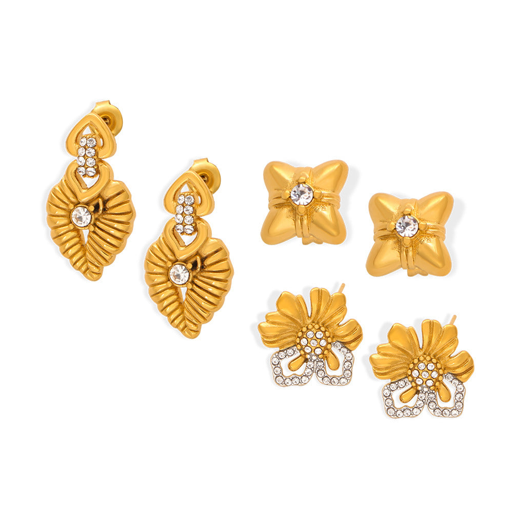 Wholesale Vintage Titanium Steel Gold Plated Geometric Flower Diamond Earrings