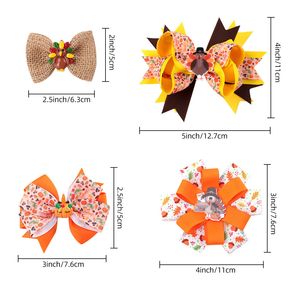 Wholesale 10pcs/pack Thanksgiving Children' s Bow Hairpin Point Small Turkey Accessories Headwear Rowan Ribbon