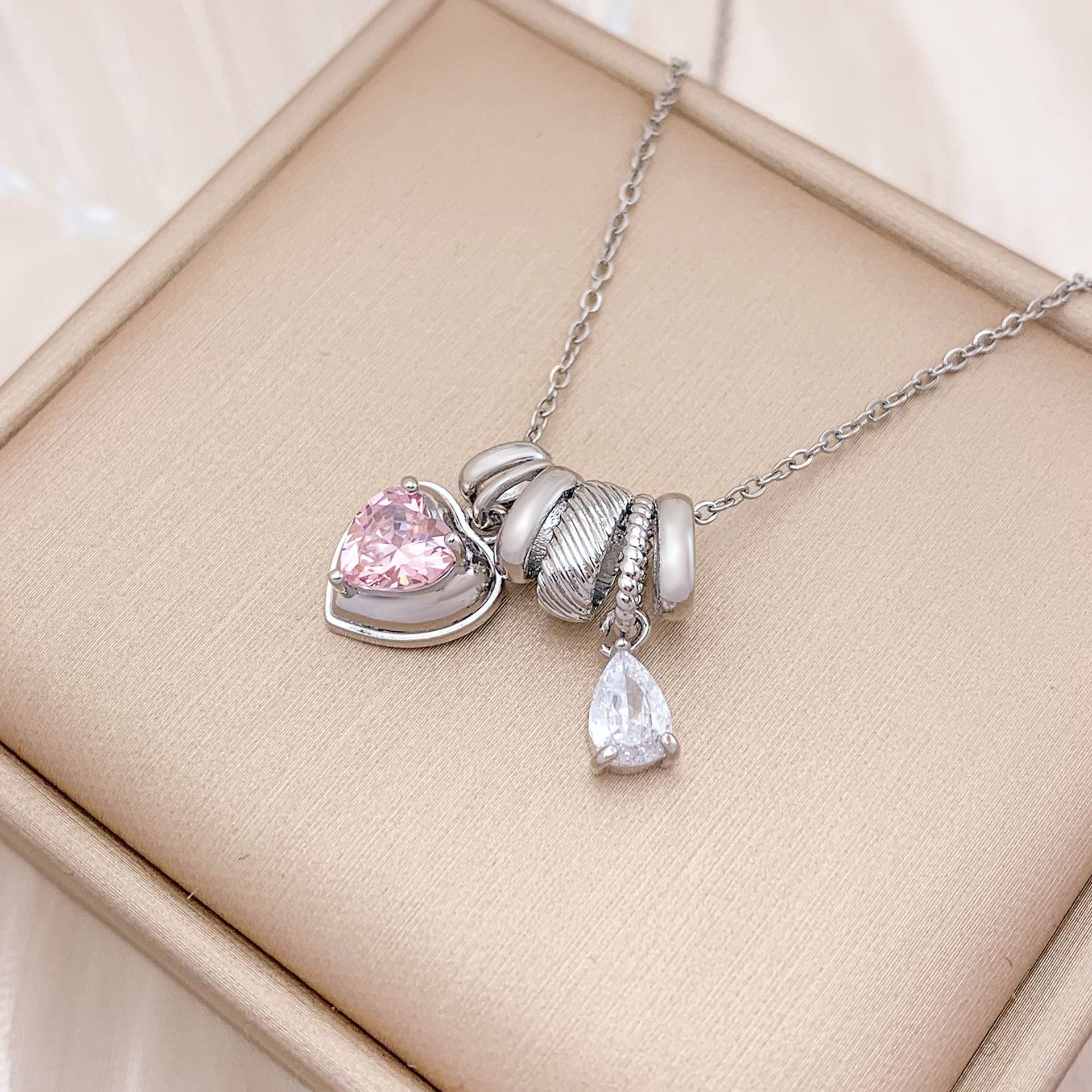 Wholesale Square Ice Cream Color Titanium Steel Necklace Luxury Micro-Paved Zircon Temperament  Accessory