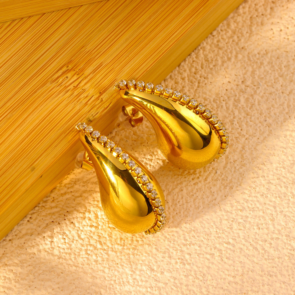 Wholesale Hollow Water Drop Diamond 18K Gold Stainless Steel Earrings