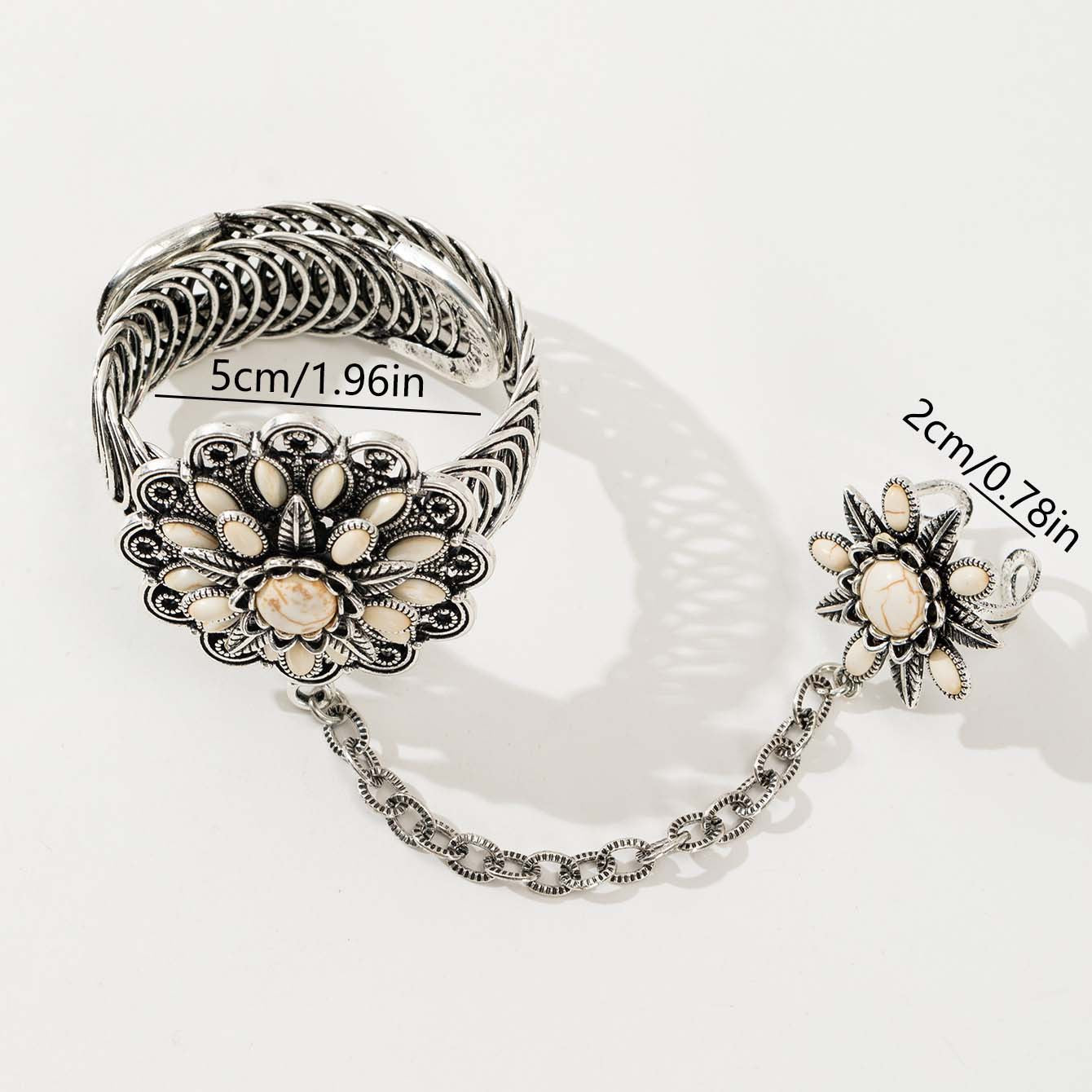 Wholesale Vintage open bohemian marquise flower turquoise bracelet chain ring