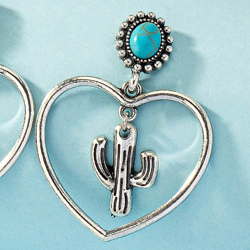 Wholesale Western Cowboy Turquoise Cactus Heart Alloy Earrings