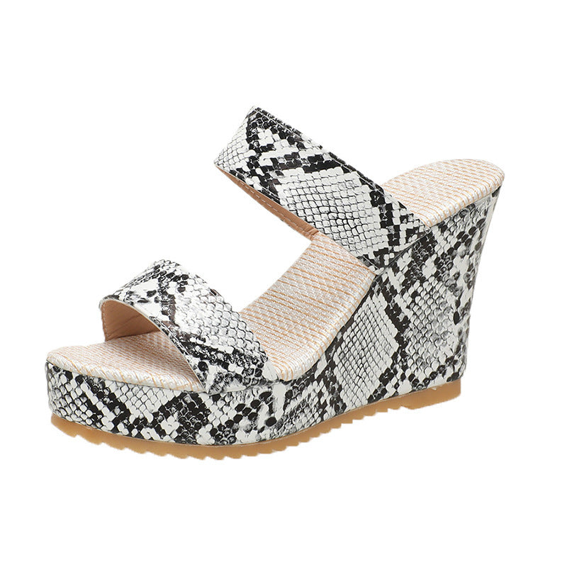 Wholesale Plus size Women's Snake-print Leopard-print Wedge Heel Thick Sandals and Slippers