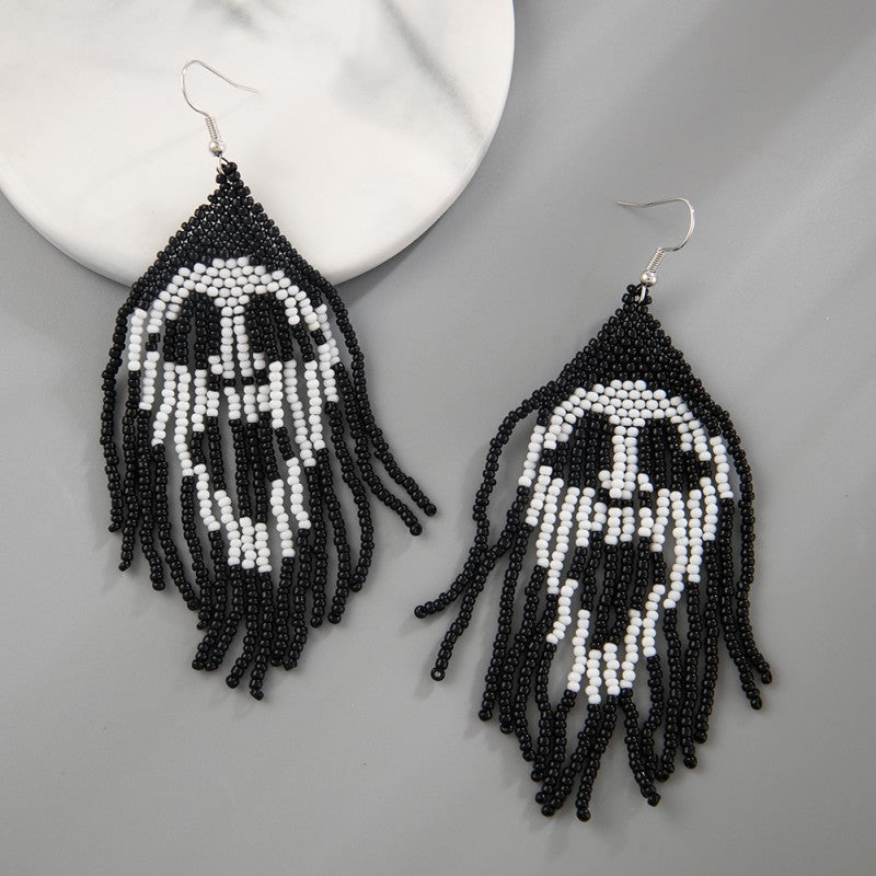 Wholesale Halloween Hand-woven Skull Pumpkin Tassel Rice Bead Earrings