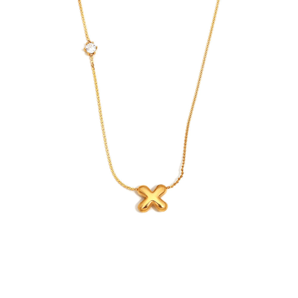 Wholesale stainless steel 18K gold plated letter single-sided zircon S chain necklace