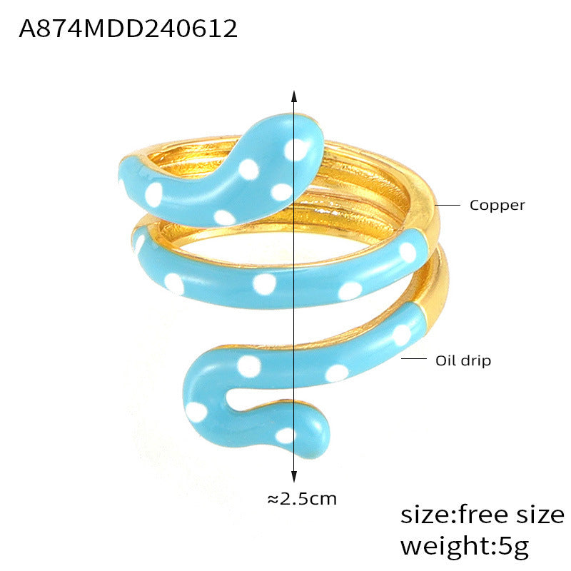 Wholesale Bohemian style color oil drop snake copper ring ins sweet cool hot girl open finger ring color retention in stock supply