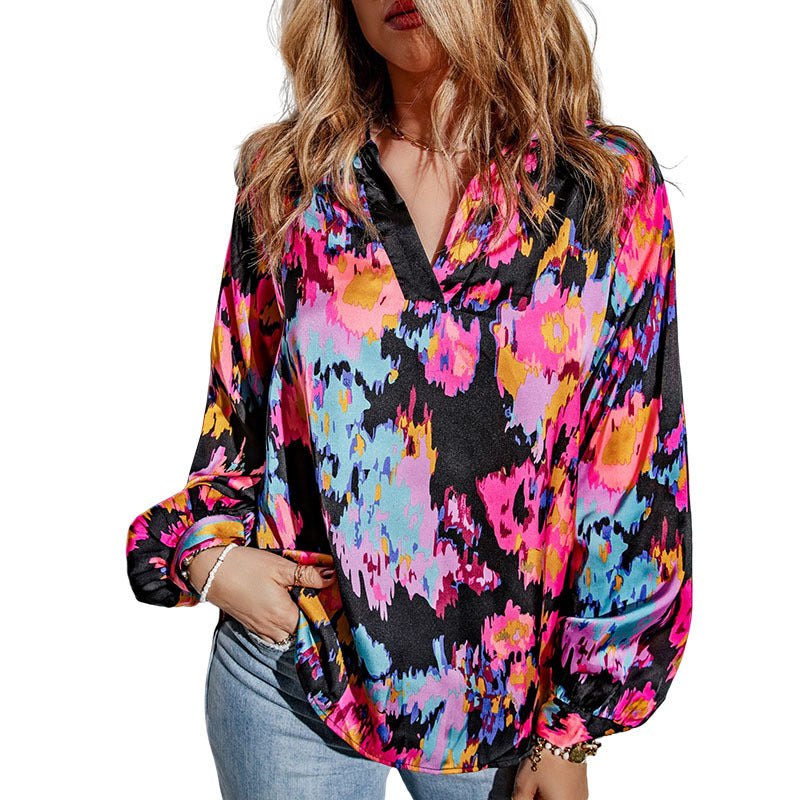 Wholesale Personalized Women's Satin Fabric Graffiti Printed Fluffy Sleeve Shirts
