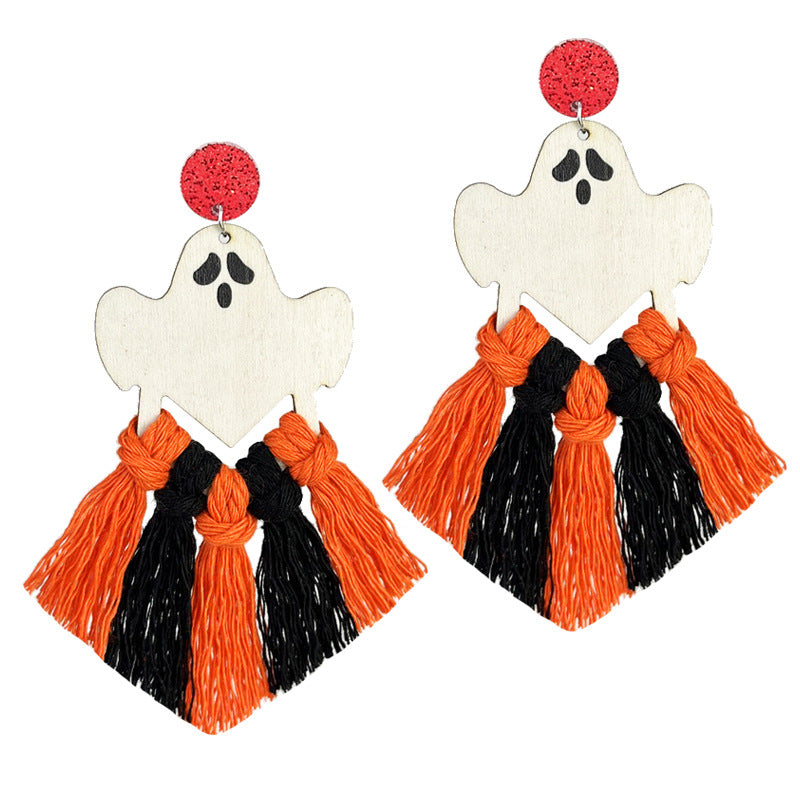 Wholesale 2 Pairs/pack Halloween Hand-woven Tassel Wooden Earrings