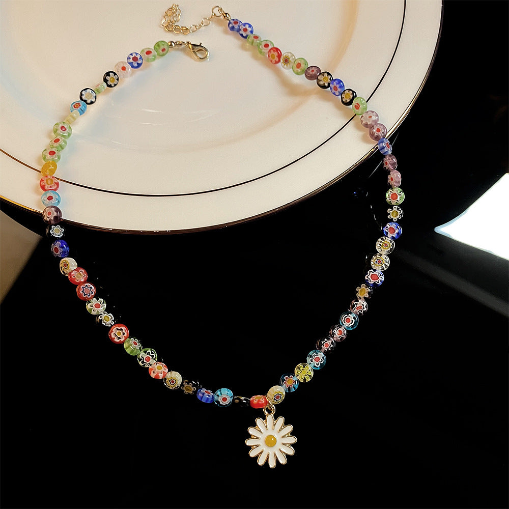 Wholesale Colorful Glass Bead Sunflower Pendant  Necklaces