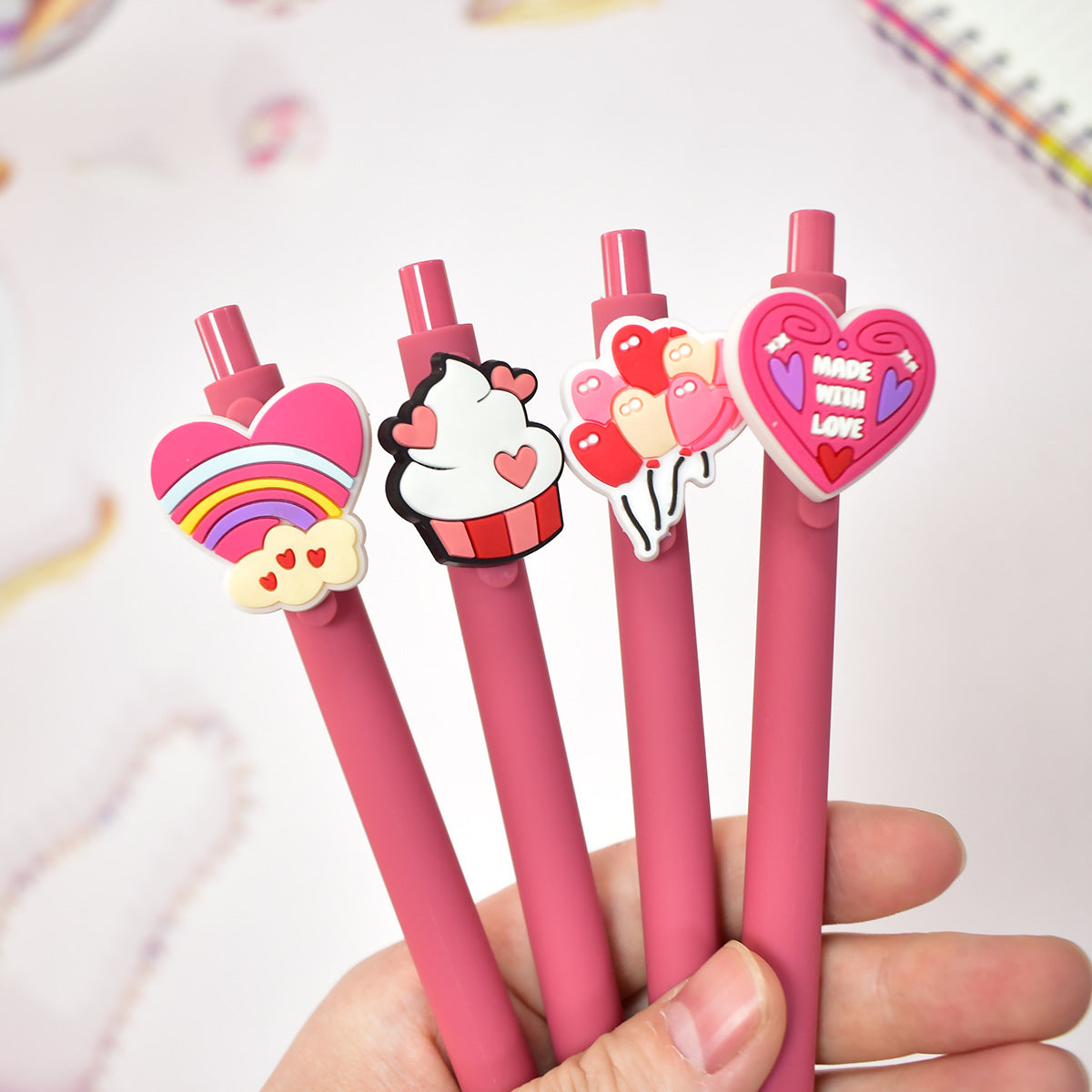 Wholesale 10pcs Pink Heart  Pvc Soft Glue Push-Type Ballpoint  Plastic Pen
