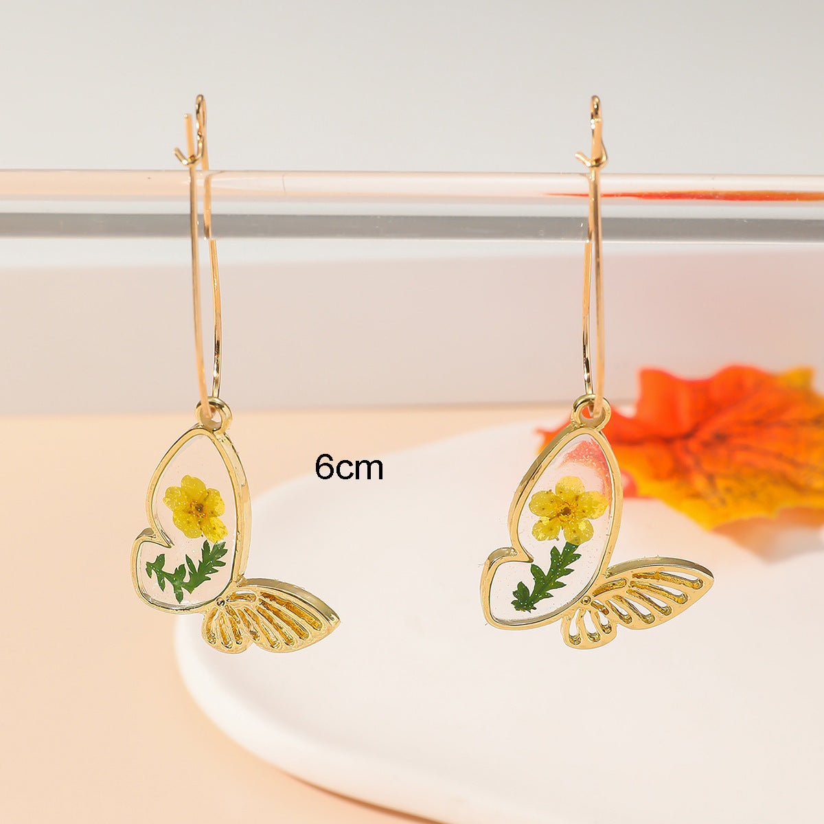 Wholesale Fashion Dried Flower Epoxy Butterfly Earrings