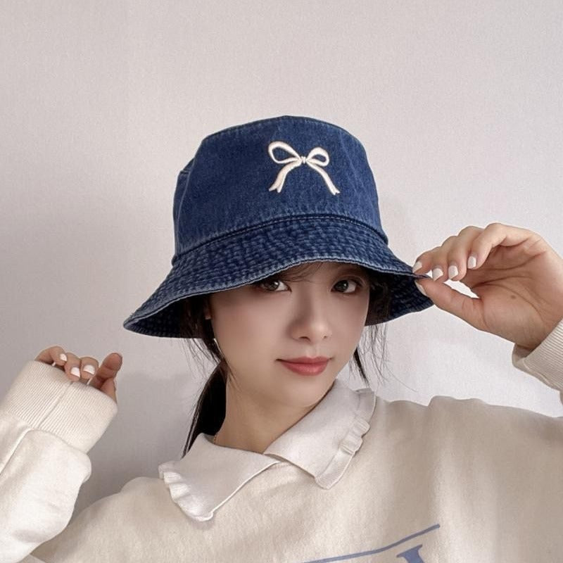 Wholesale Embroidered Bow Distressed Washed Denim Bucket Hat