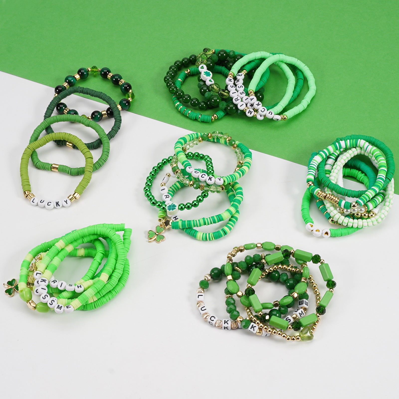 Wholesale St.  Patrick' s Day Green Lucky Clover Soft Ceramic Bracelet Set