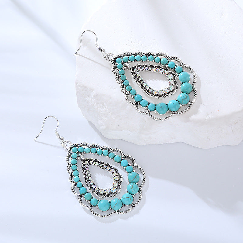 Wholesale Double-layer teardrop hollow inlaid turquoise vintage earrings