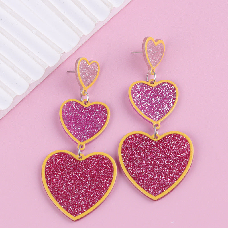 Wholesale Asymmetric long triple heart Acrylic Earrings