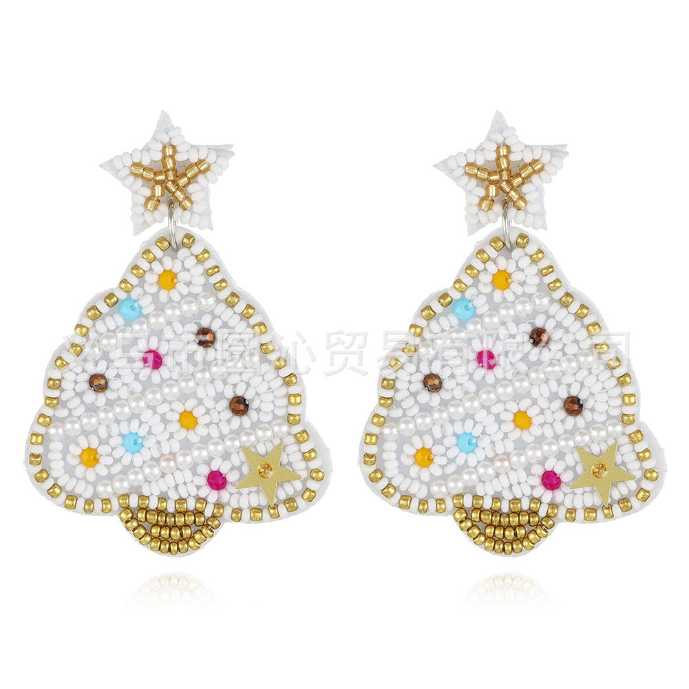 Wholesale Christmas Fabric Felt Christmas Tree Elk Snowman Handmade Rice Bead Earrings