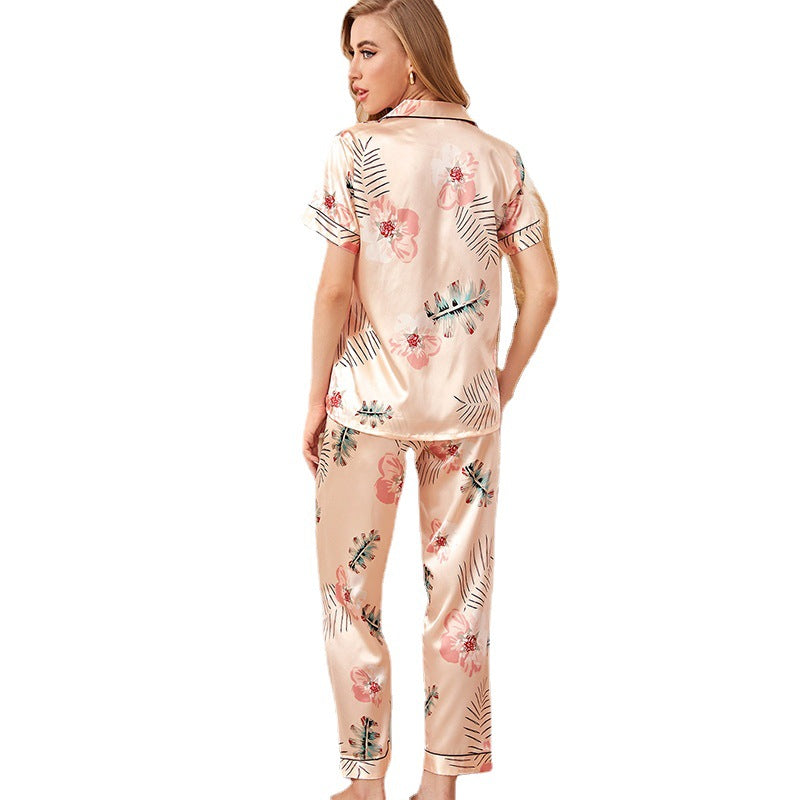 Wholesale Short Sleeve Long Pants Cardigan Printed Suit Retro Ladies Home Wear Pajamas