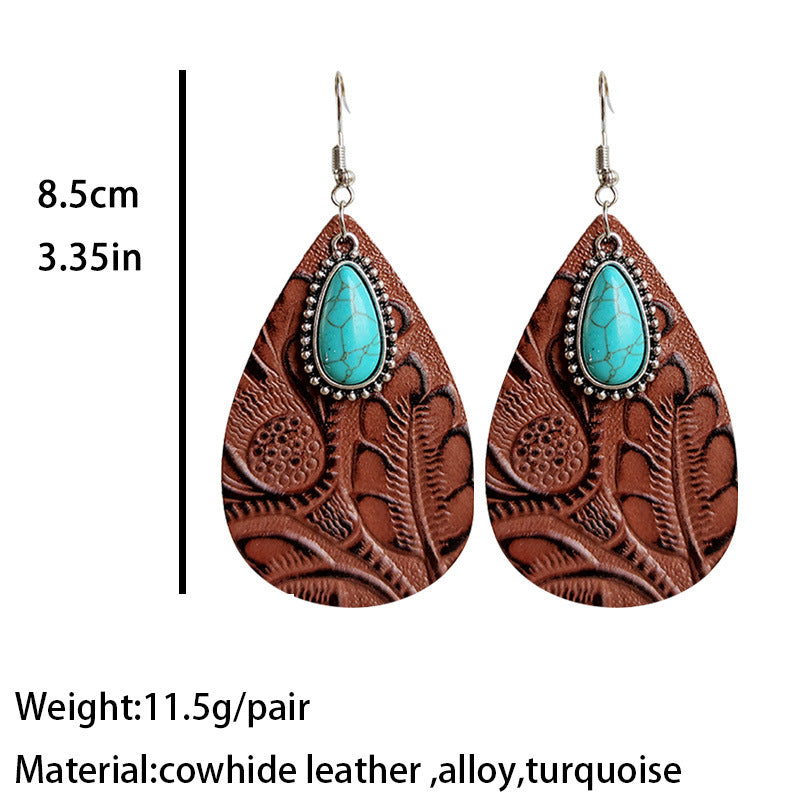 Wholesale Western Style Teardrop Turquoise Leather Earrings Fashion Jewelry Accessory Gift