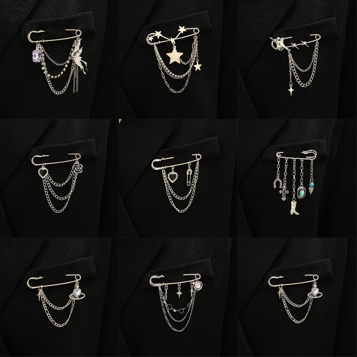 Wholesale Electroplated Alloy Heart Brooch Pin With Chain Tassel Unisex Punk Style Suit Coat Accessory