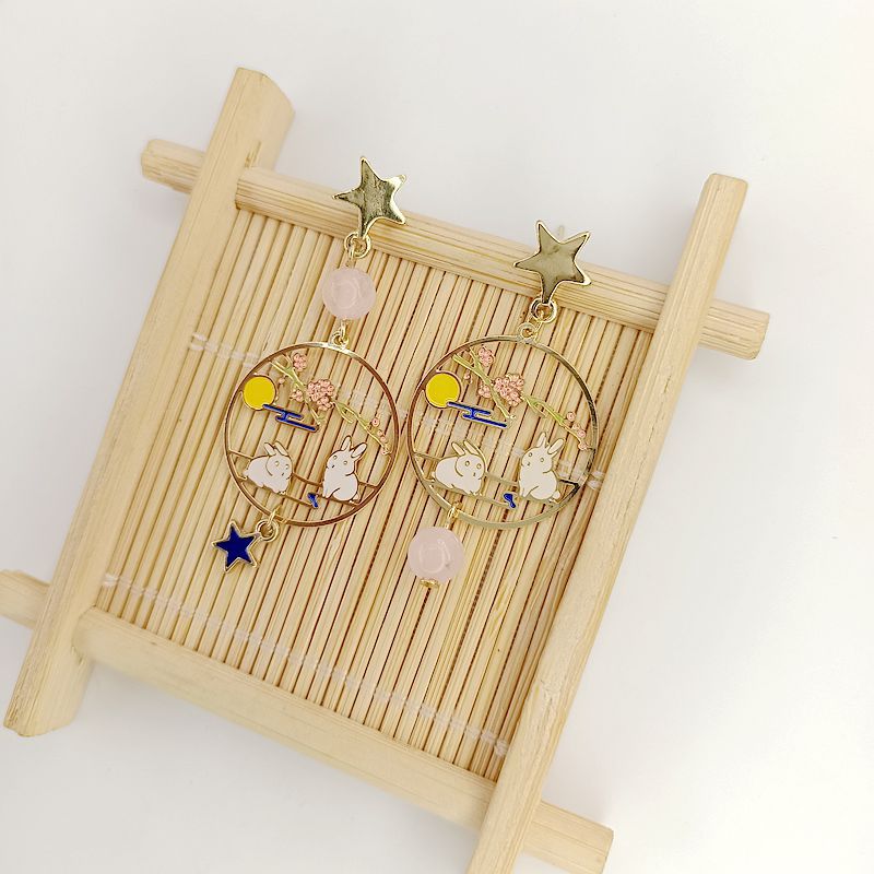 Wholesale Moonlit Cute Rabbit Asymmetric Long Earrings