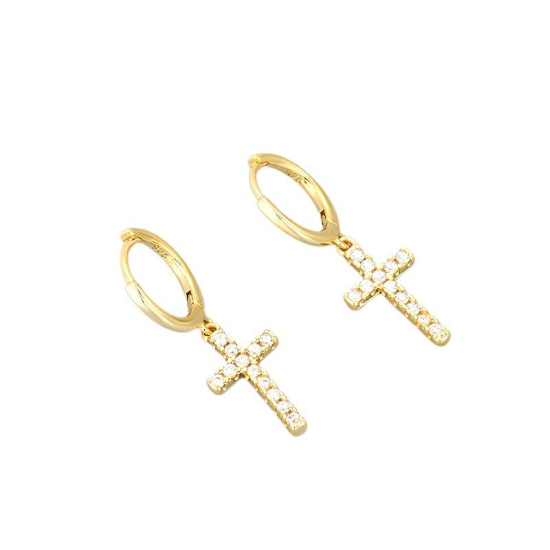 Wholesale Gold-plated cross earrings with rhinestones