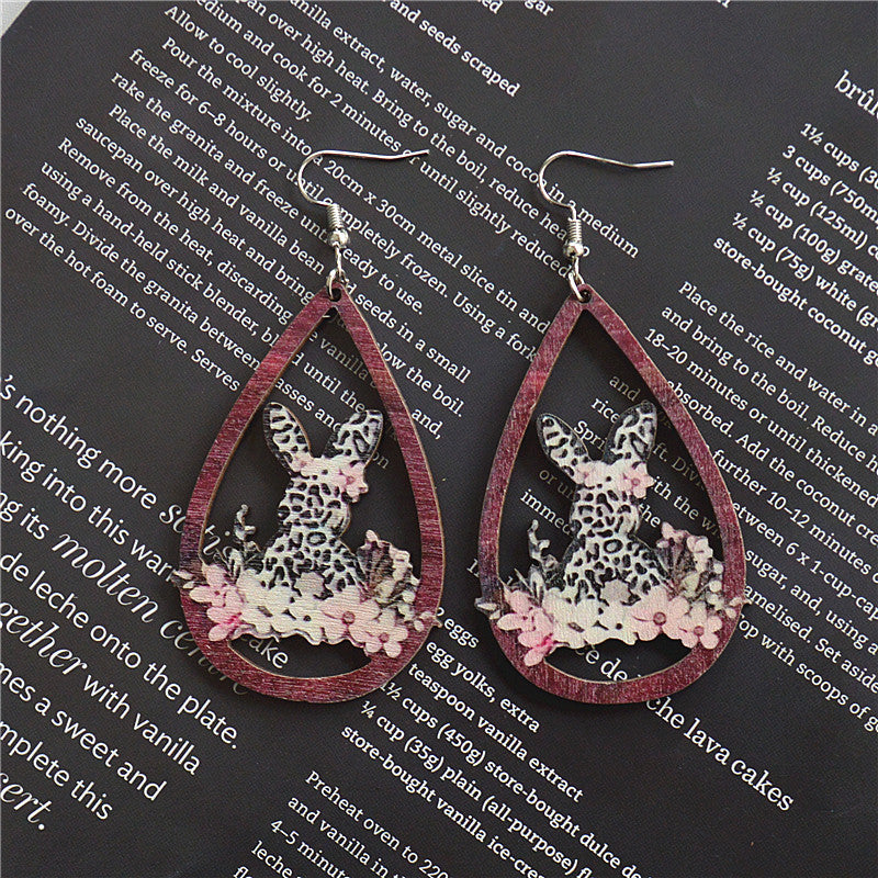 Wholesale Water droplet hollow leopard print Easter wooden earrings