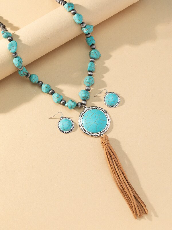 Wholesale Vintage Round Turquoise Pendant Necklace Earrings Set