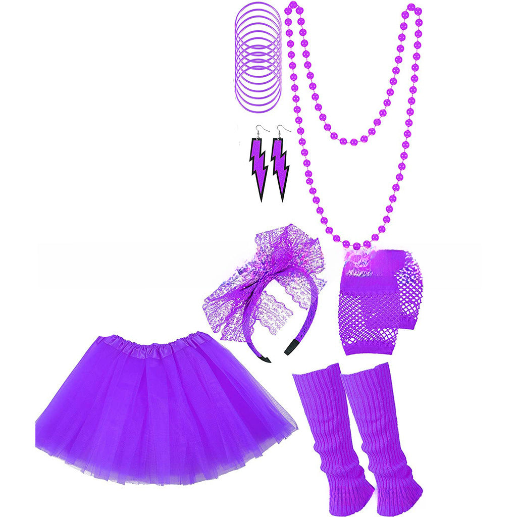 Wholesale 80s Neon Theme Ball Party Accessories Lace Bow Tie Necklace Lightning Earrings Tulle Skirt Suit