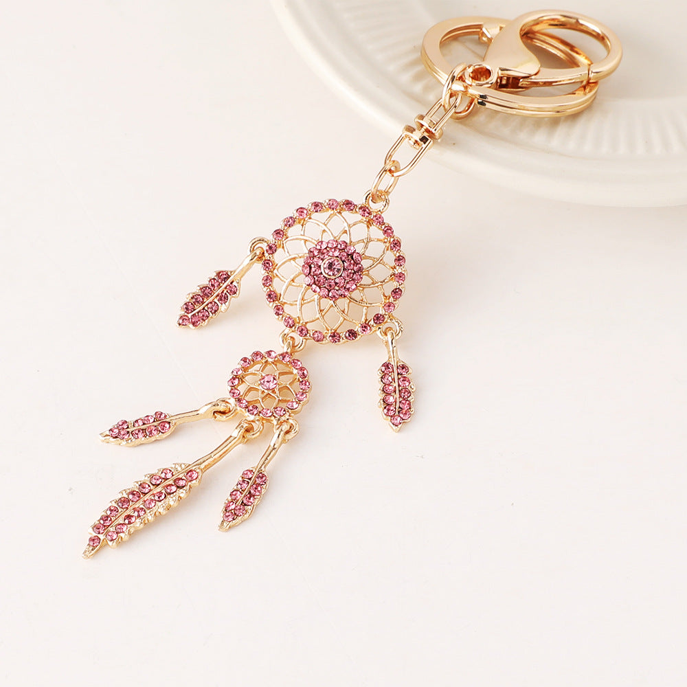 Wholesale Rose gold rhinestone tassel feather dreamcatcher design keychain