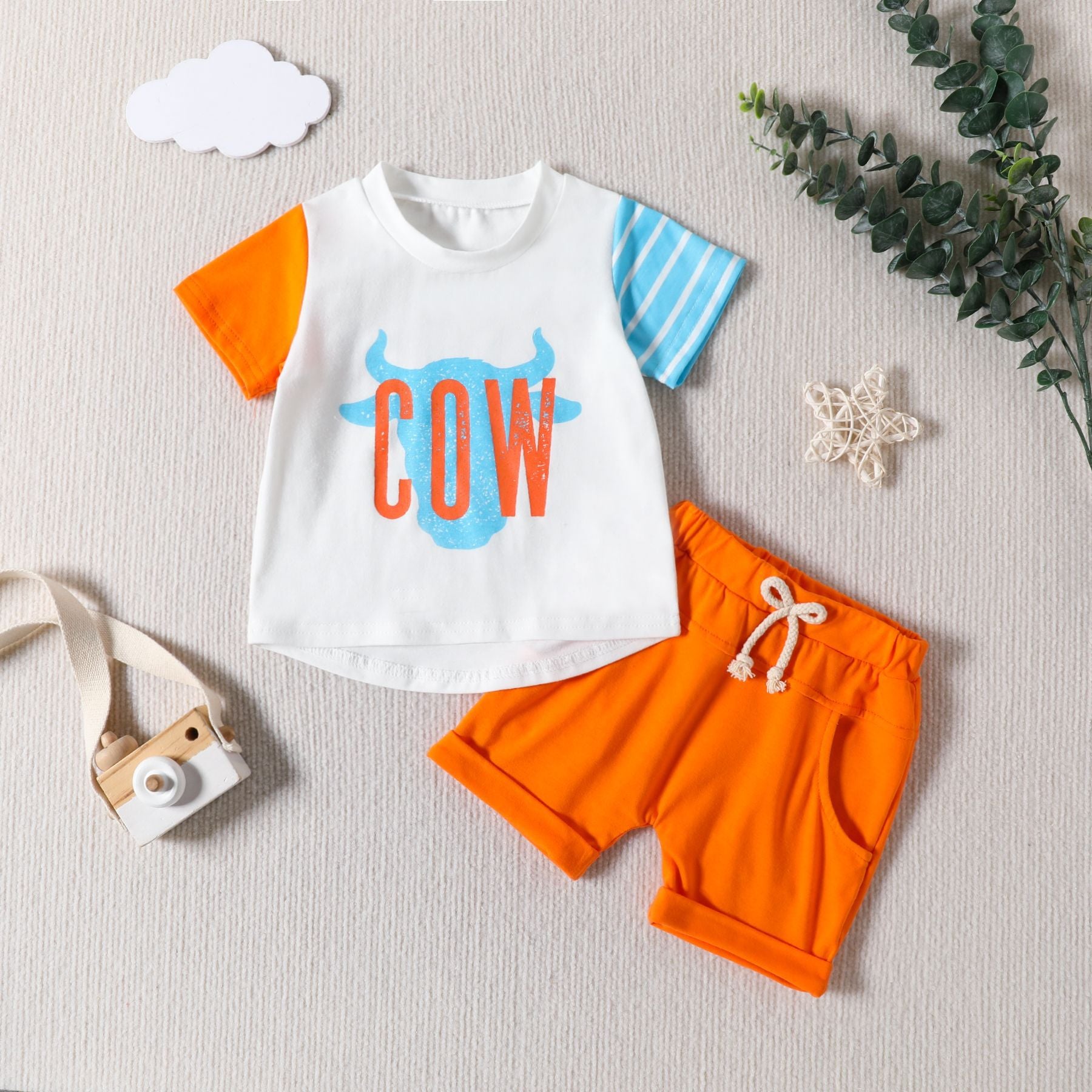 卸売コットン ウエスタン デニム スタイル パッチワーク カラー T シャツとショーツ セット