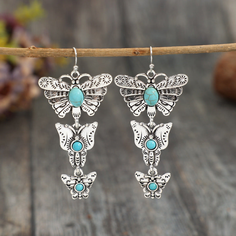 Wholesale Butterfly Stitching Alloy Turquoise Bohemian Earrings