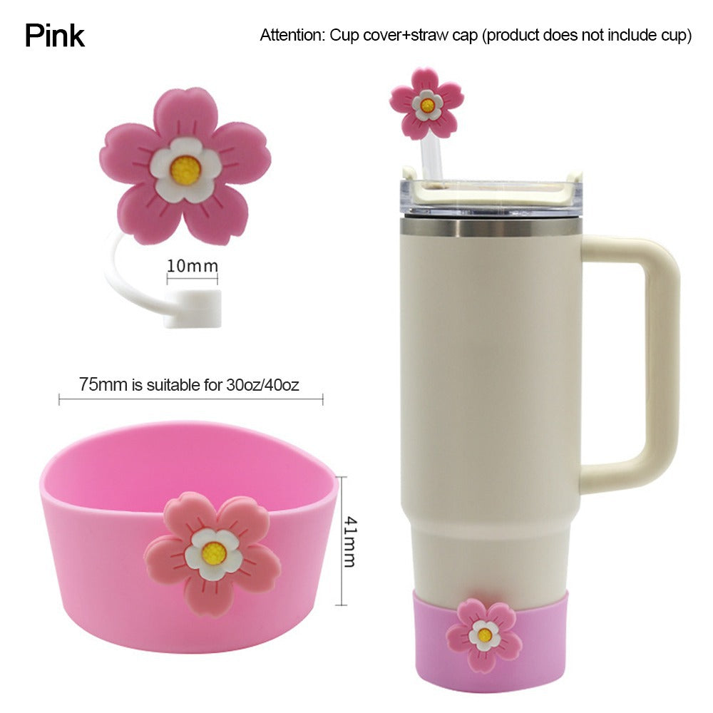 Wholesale Selling silicone insulated cup sleeves flower-decorated cup holders straw caps