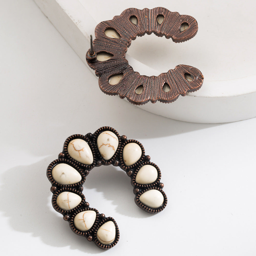 Wholesale Ethnic retro diamond turquoise geometric pendant earrings