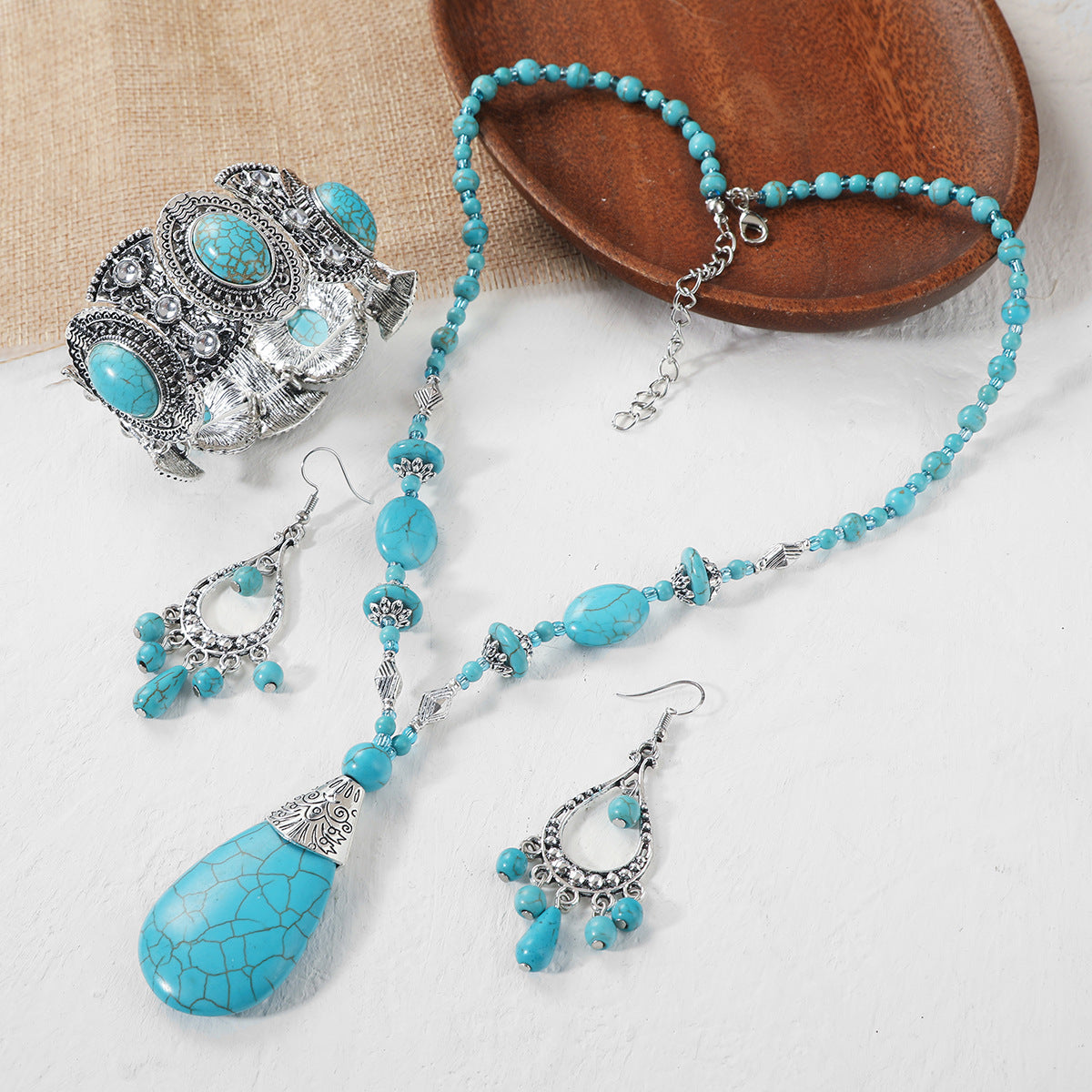 Wholesale Fashion Turquoise Bohemian Ethnic Style Alloy Vintage Silver Natural Stone Bracelets