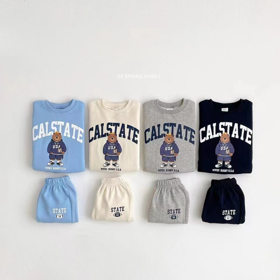 Wholesale Cotton Children's Baby Bear Pullover Sweatshirt and Sweatpants Two-piece Set
