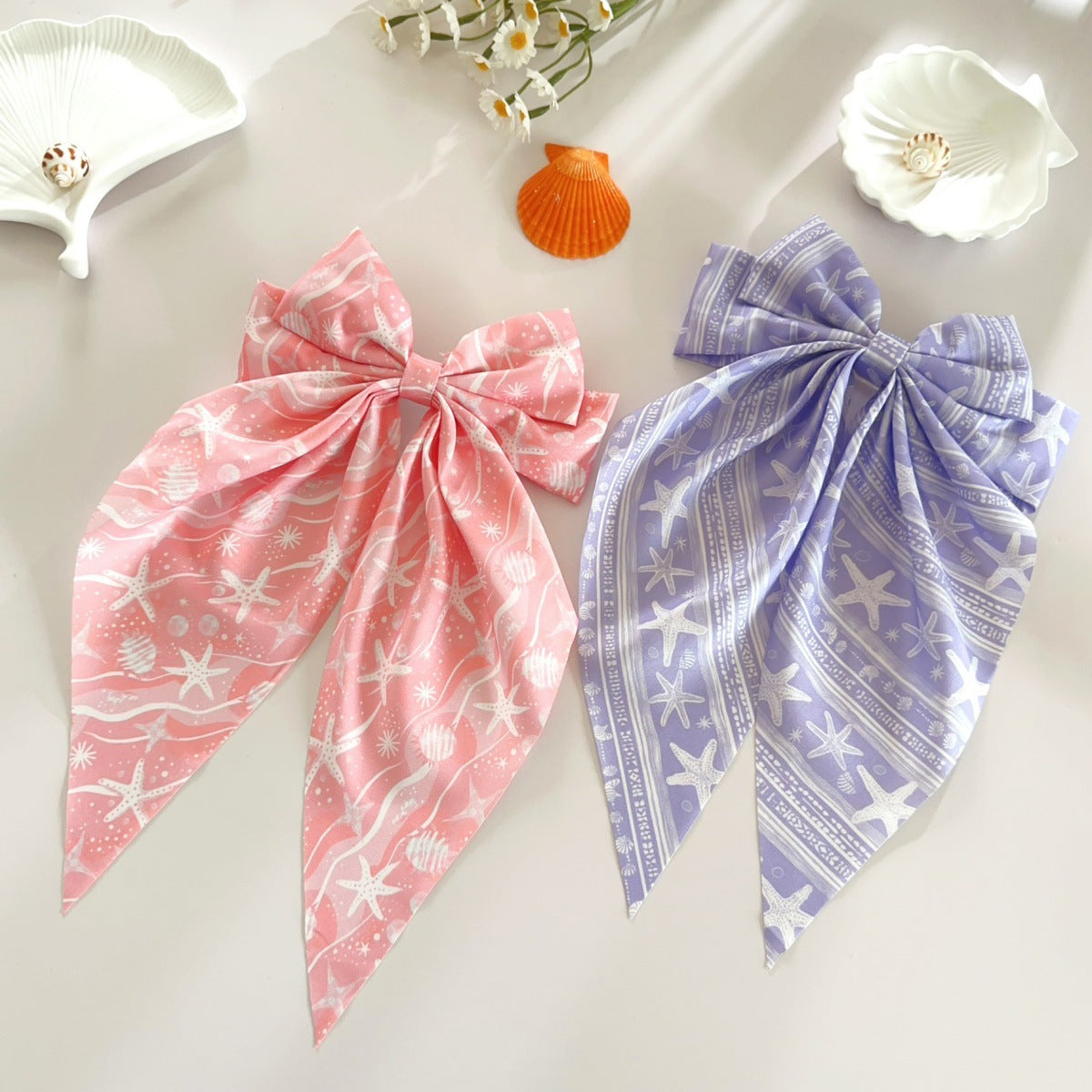 Wholesale Summer beach hair clip with starfish and seashell print  long ribbon bow