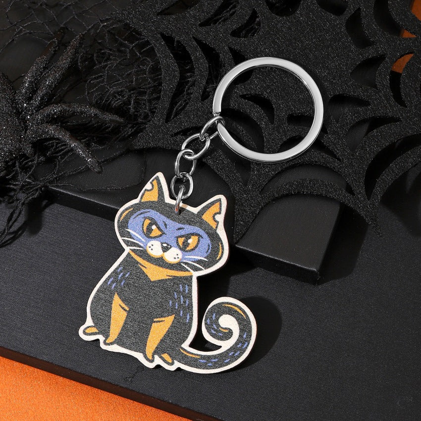 Wholesale Halloween Wooden Cat Print Keychain