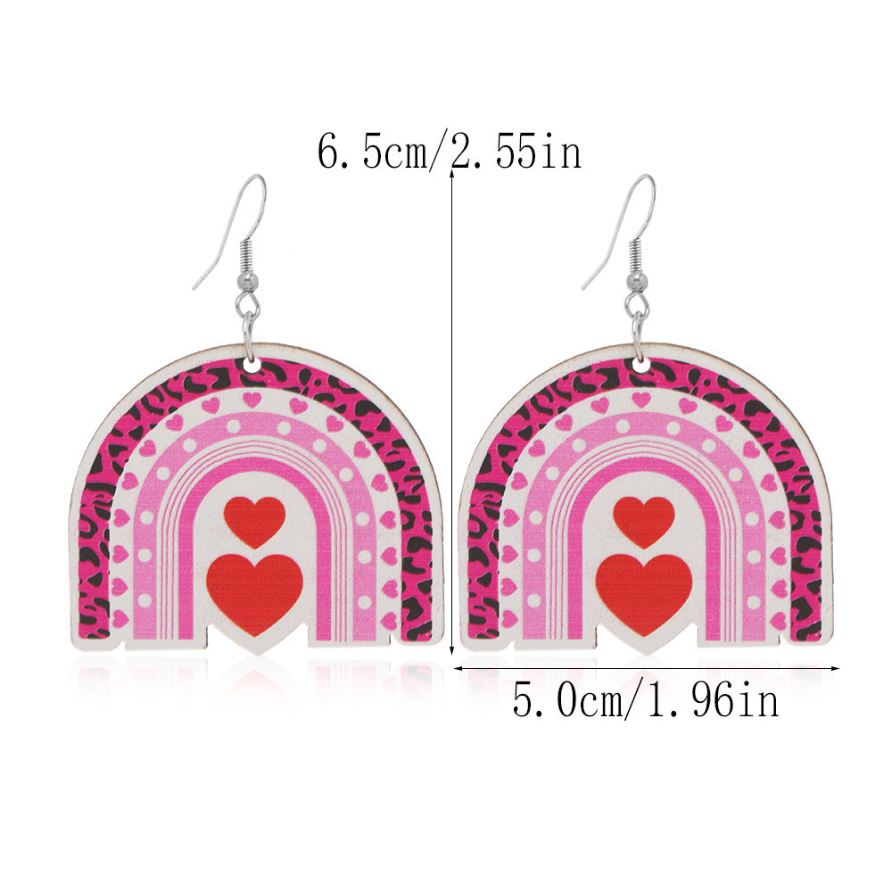 Wholesale Valentine's Day Pink Printed Love Heart-shaped Wooden Earrings