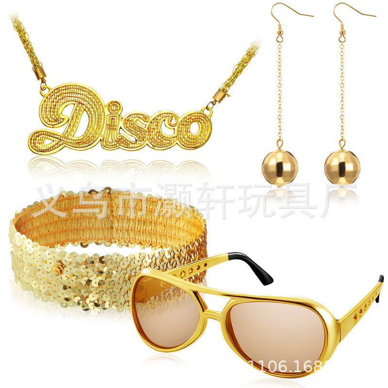 Wholesale Disco Retro Four Piece Set Elvis Presley Glasses Sequin Headband Globe Round Earrings