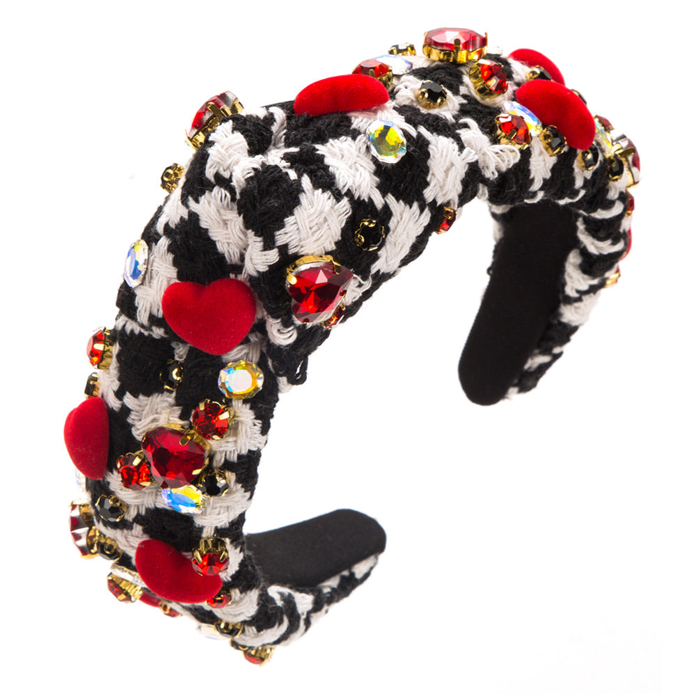 Wholesale Black and White Fabric Hand Sewn Glass Diamond Flower Valentine's Day Hair Bands