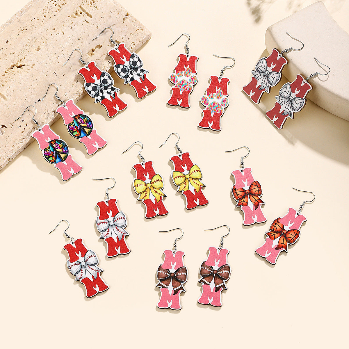Wholesale Mother' s Day Wooden Earrings Sports Baseball Shiny Earrings Bow Jewelry