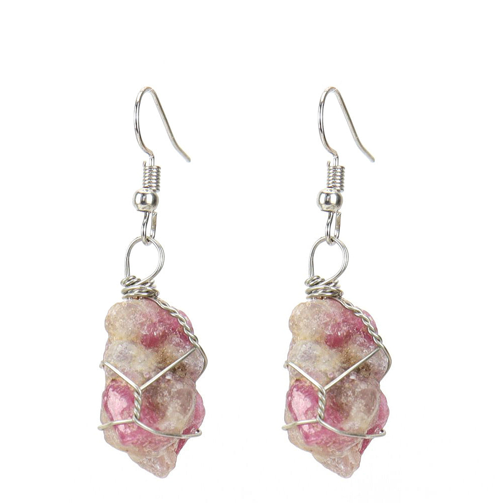 Wholesale New Handmade Silver Wound Natural Rough Crystal Agate Tourmaline Earrings