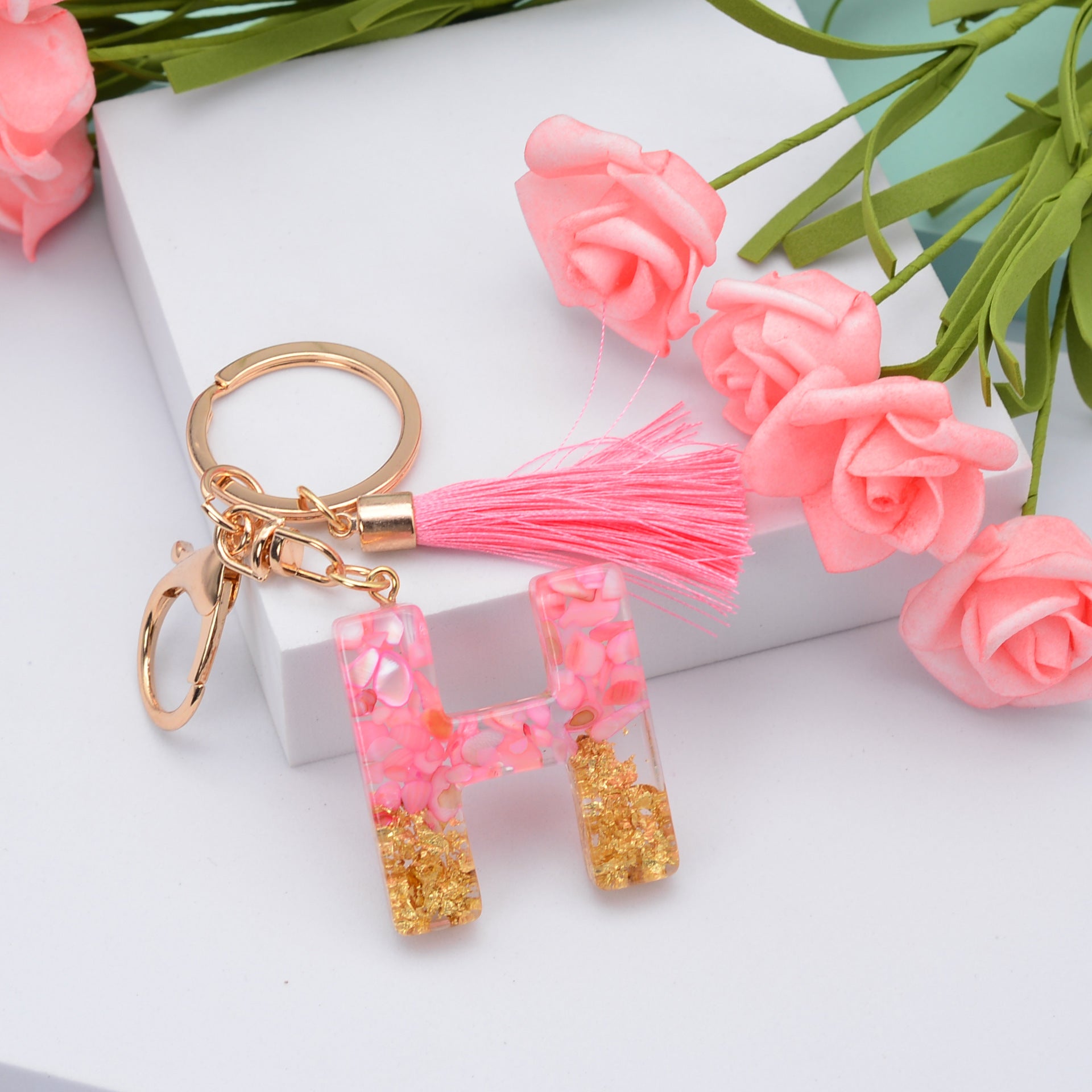 Wholesale Pink Tassel 26 Letter Crystal Resin Keychain